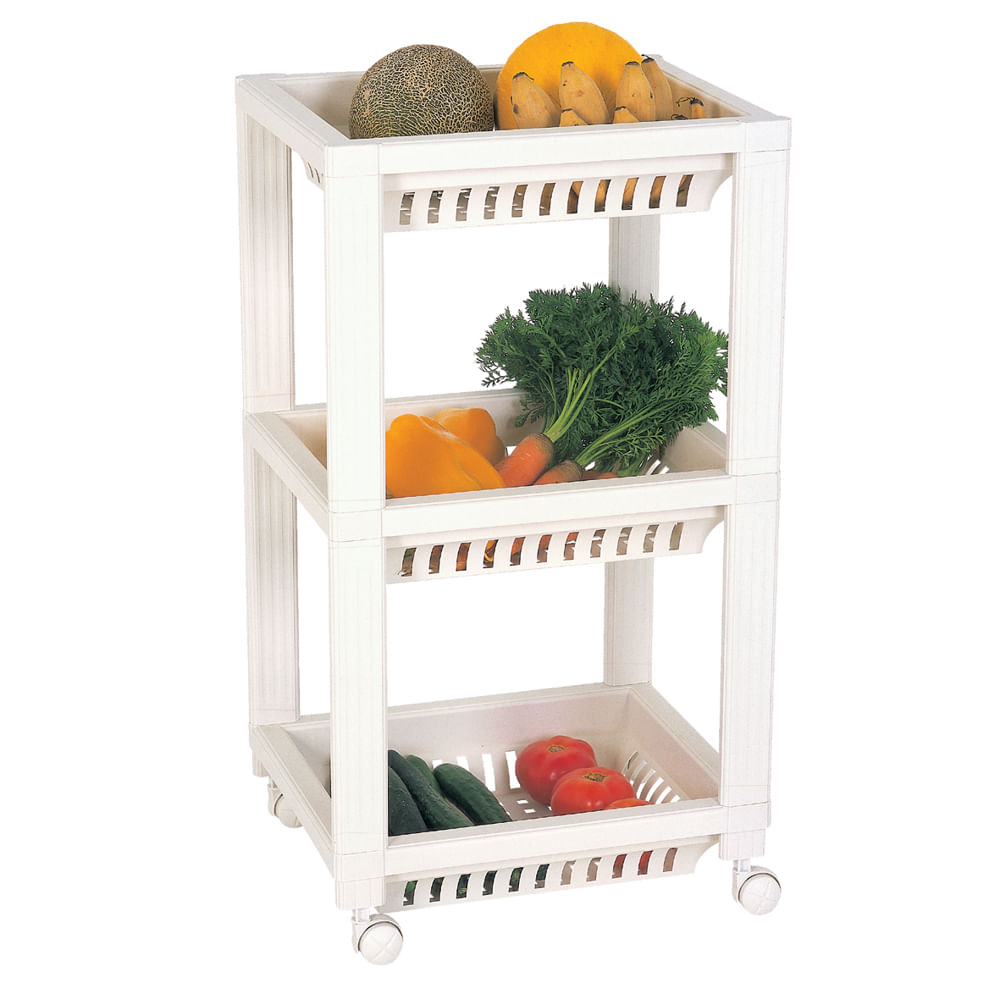 Encontraproduto.com.br - Fruteira Plástica com 3 Bandejas e Rodas Branca Log Ordene