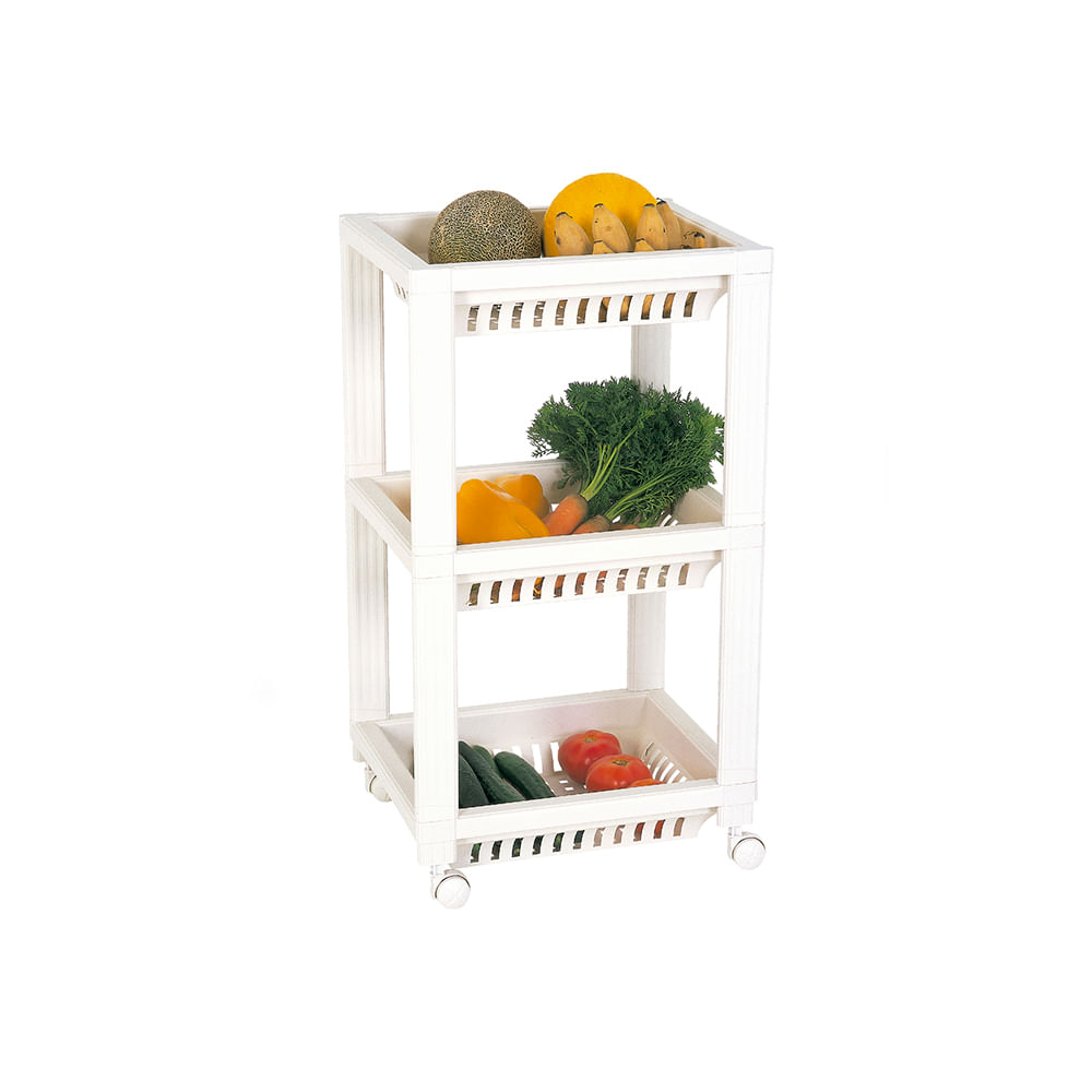 Encontraproduto.com.br - Fruteira Plástica com 3 Bandejas e Rodas Branca Log Ordene