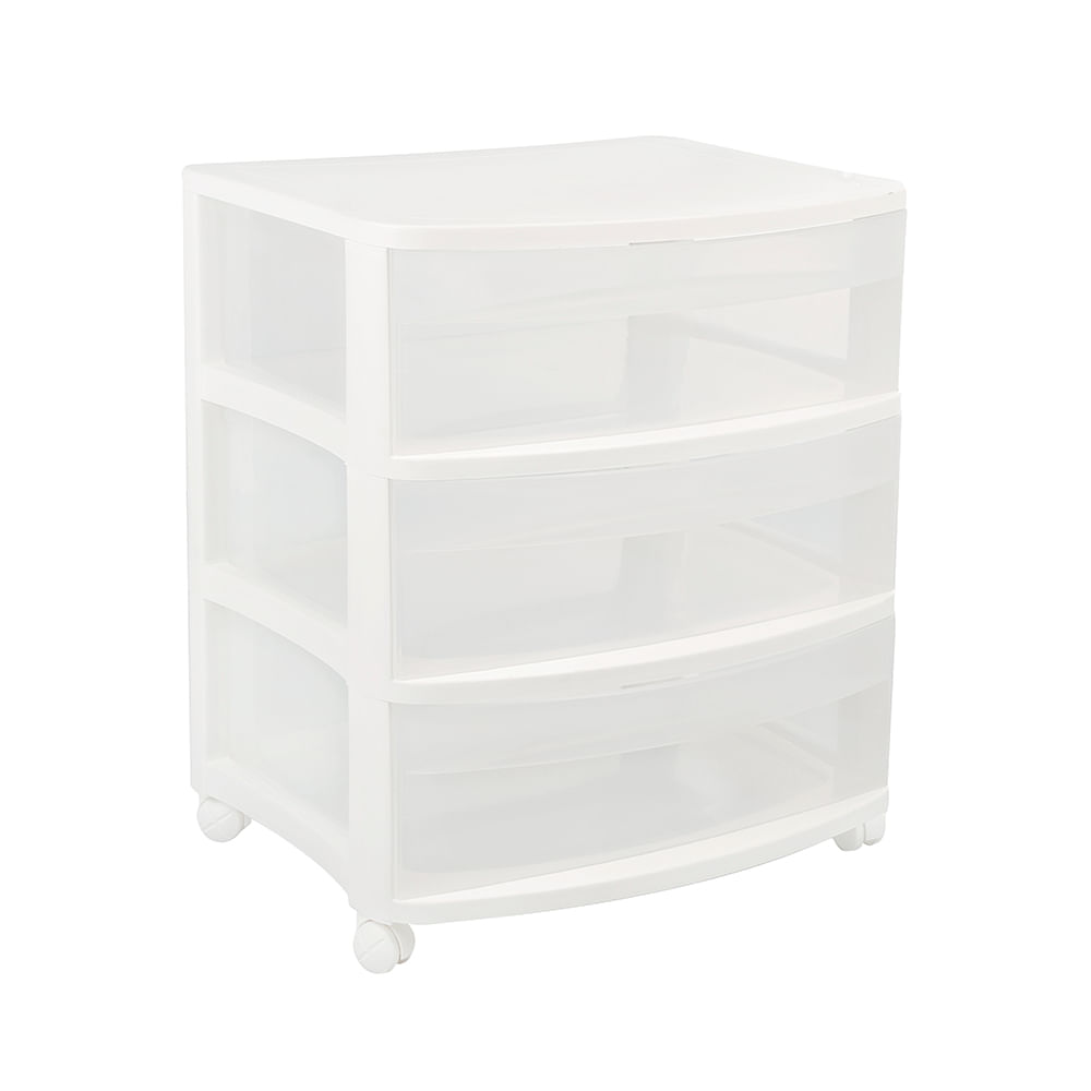 Encontraproduto.com.br - Gaveteiro Plástico Retangular Largo com 3 Gavetas Médias e Rodas Branco/Transparente Log Ordene