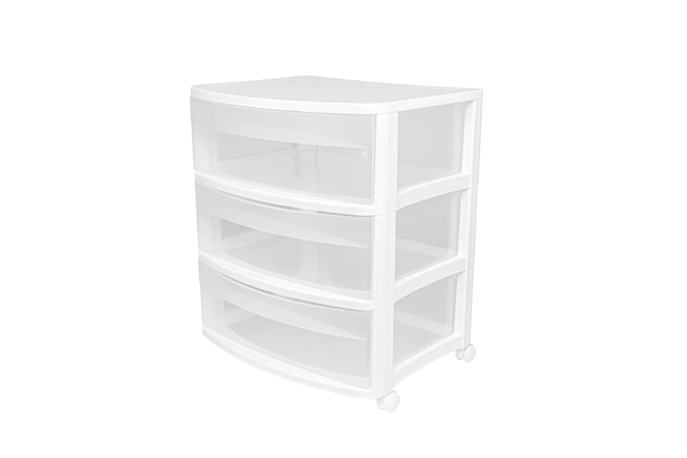 Encontraproduto.com.br - Gaveteiro Plástico Retangular Largo com 3 Gavetas Médias e Rodas Branco/Transparente Log Ordene