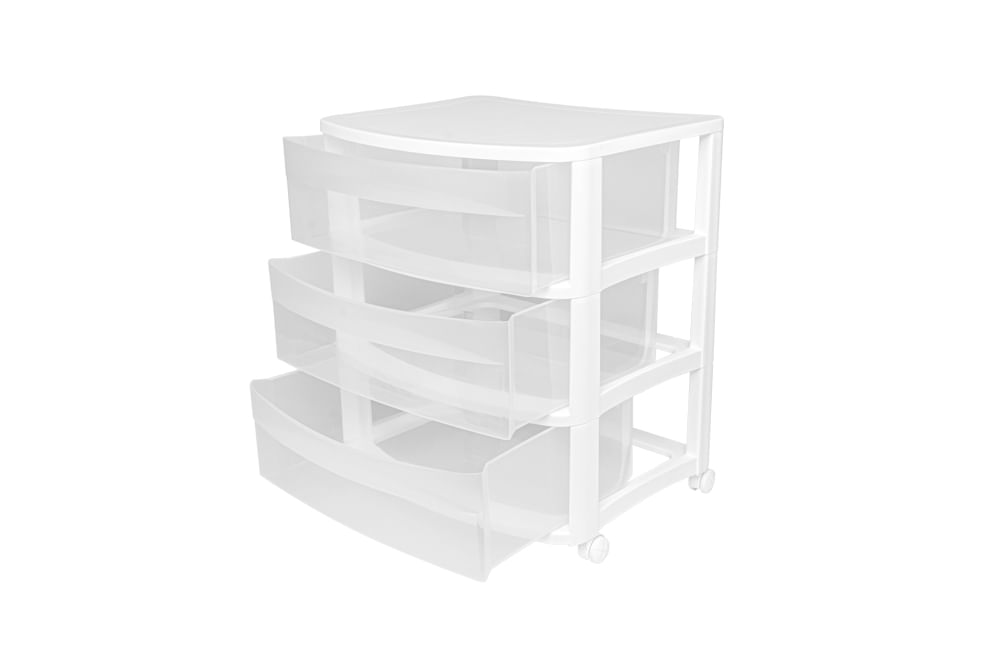 Encontraproduto.com.br - Gaveteiro Plástico Retangular Largo com 3 Gavetas Médias e Rodas Branco/Transparente Log Ordene