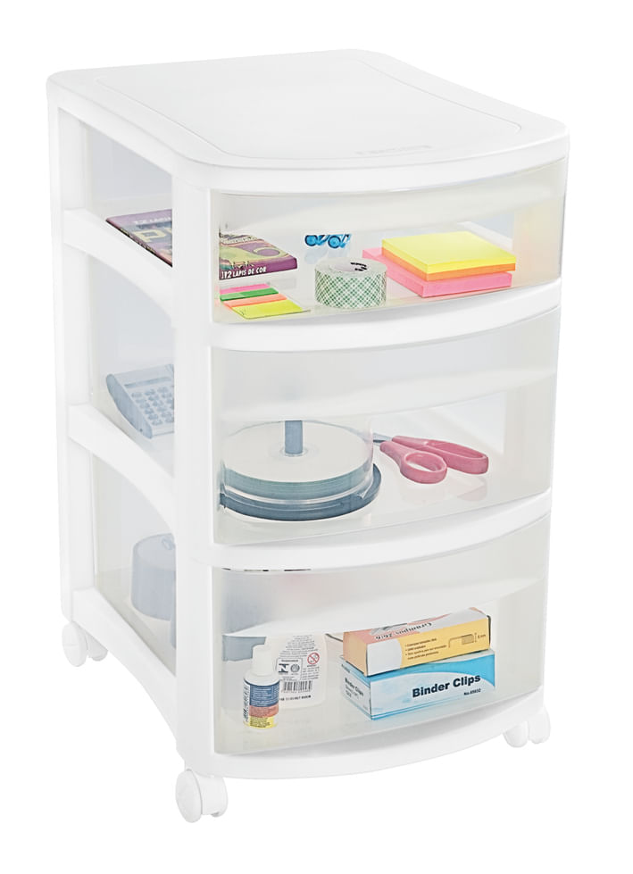 Encontraproduto.com.br - Gaveteiro Plástico Retangular Médio com 3 Gavetas Médias e Rodas Branco/Transparente Log Ordene