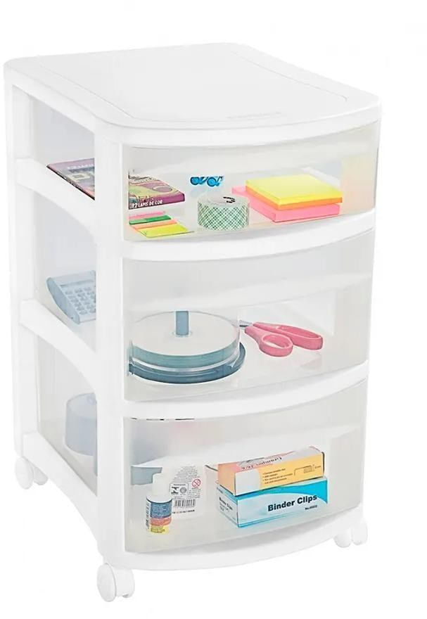 Encontraproduto.com.br - Gaveteiro Plástico Retangular Médio com 3 Gavetas Médias e Rodas Branco/Transparente Log Ordene