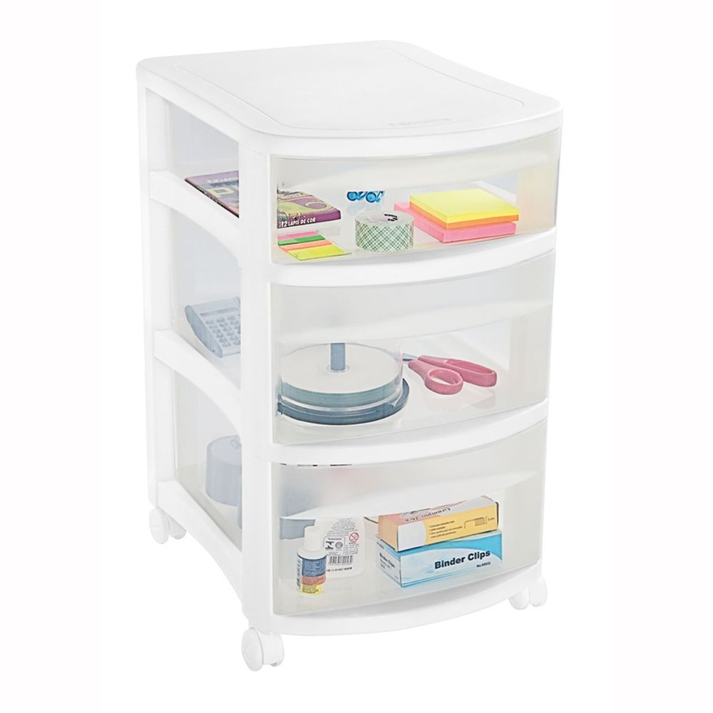 Encontraproduto.com.br - Gaveteiro Plástico Retangular Médio com 3 Gavetas Médias e Rodas Branco/Transparente Log Ordene