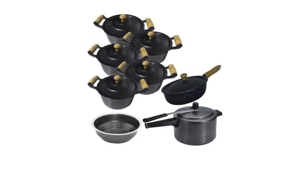 Encontraproduto.com.br - Jogo De Panelas Cor Preta Com Frigideira, Panela De Pressão E Escorredor