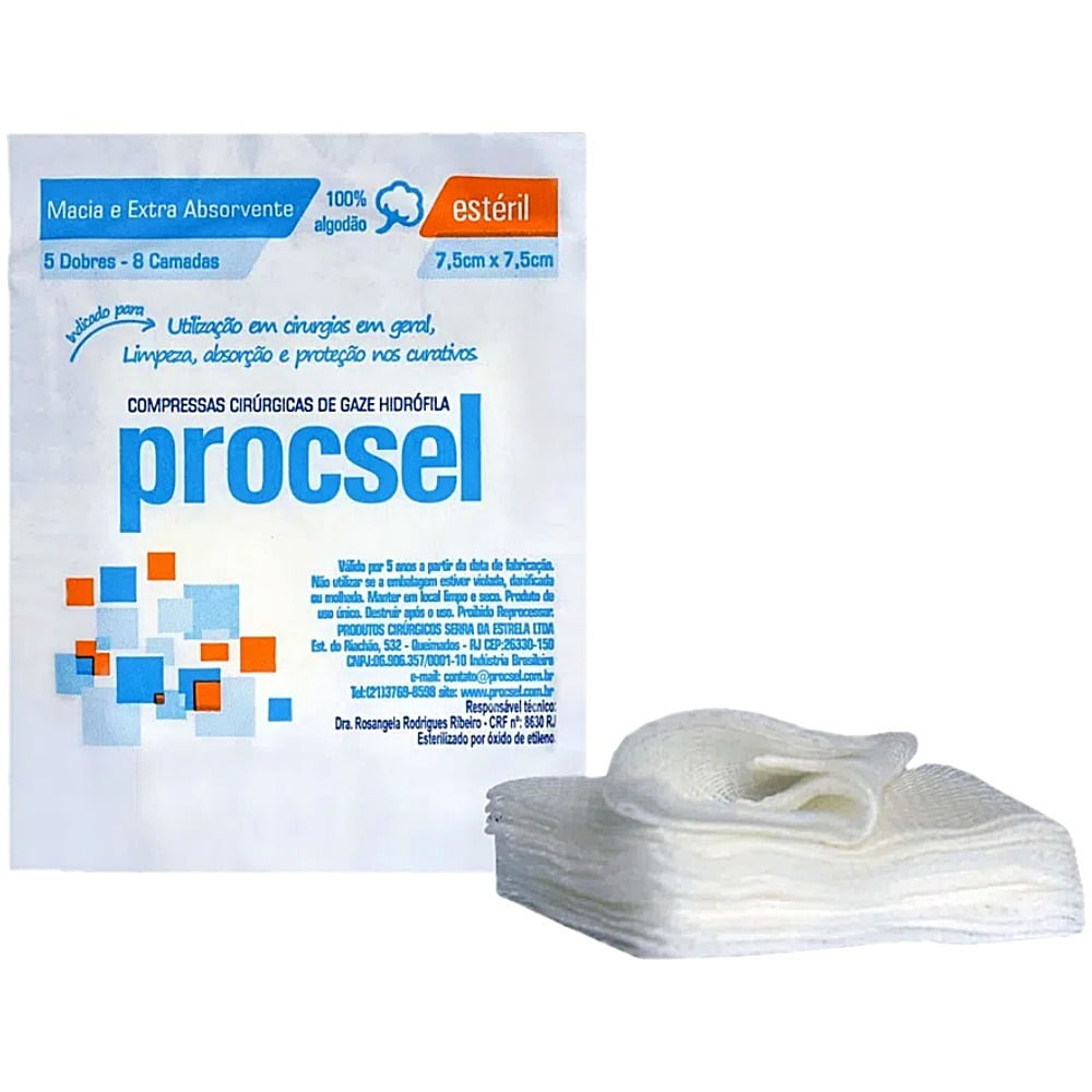 Encontraproduto.com.br - Compressa Gaze Hidrófila Procsel 13Fios 7,5x7,5cm - 10 gazes