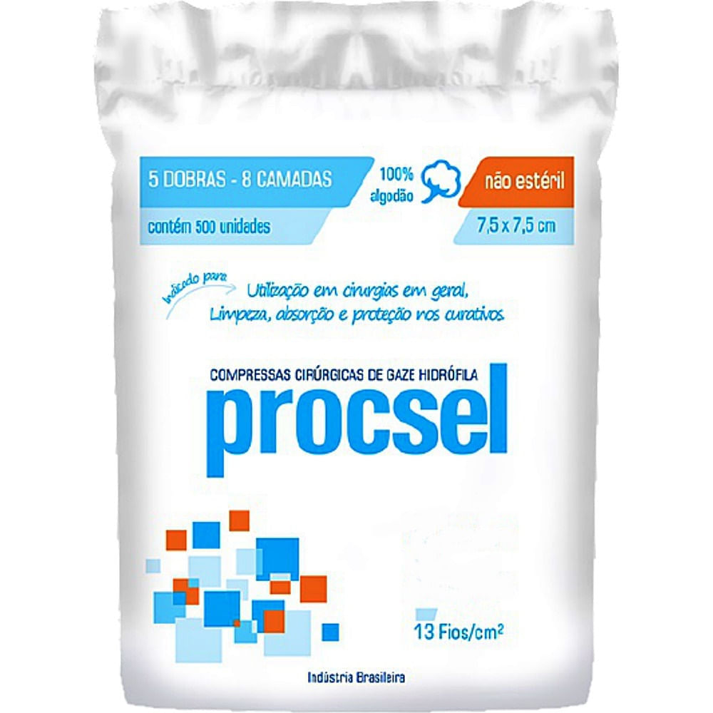 Compressa Cirúrgica De Gaze Hidrófila Procsel - 7.5X7.5Cm - 13 Fios - Não Estéril