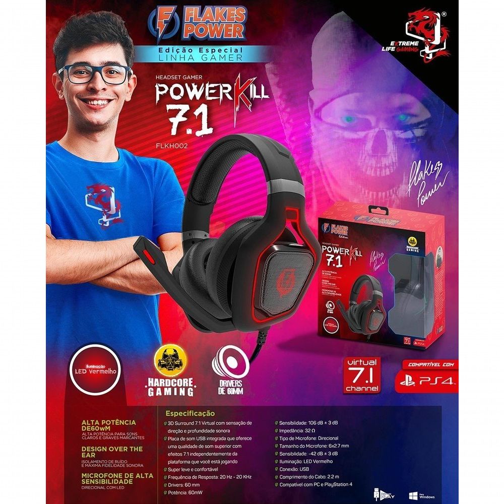 Encontraproduto.com.br - Headset Gamer Flakes Power Power Kill 7.1 Surround FLKH002 - ELG