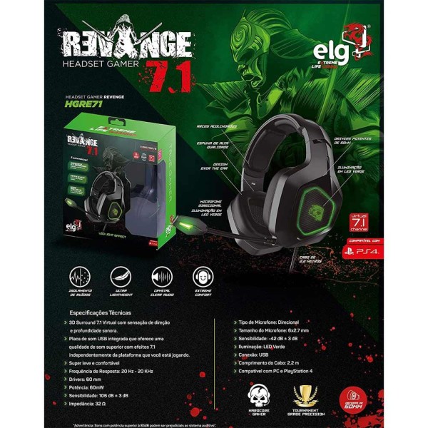 Encontraproduto.com.br - Headset Gamer Revenge 3D Surround 7.1 Led HGRE71 - Elg
