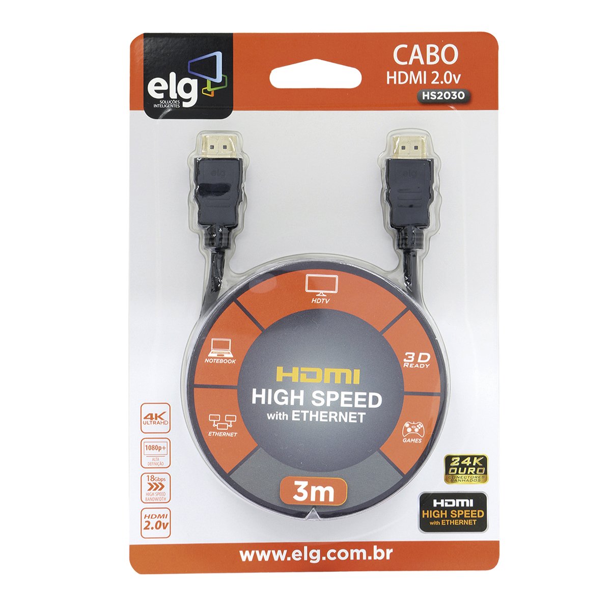 Encontraproduto.com.br - Cabo HDMI 1.4 High Speed com Ethernet 3m ELG HS2030