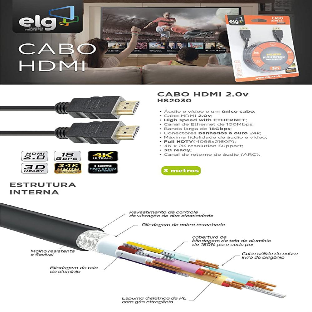 Encontraproduto.com.br - Cabo HDMI 1.4 High Speed com Ethernet 3m ELG HS2030