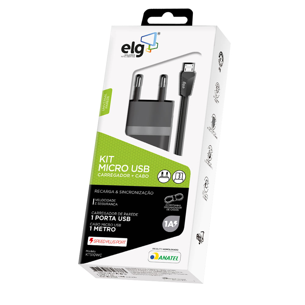 Encontraproduto.com.br - Kit Carregador de Parede com Cabo ELG KT510WC Preto