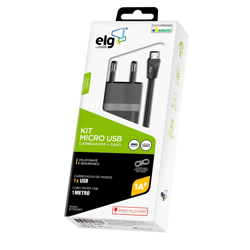 Encontraproduto.com.br - Kit Carregador de Parede com Cabo ELG KT510WC Preto