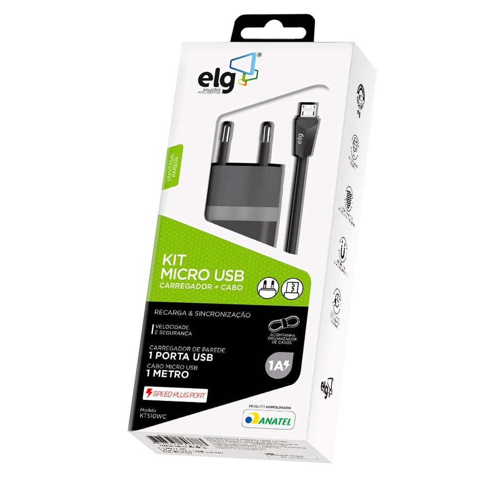 Encontraproduto.com.br - Kit Carregador de Parede com Cabo ELG KT510WC Preto