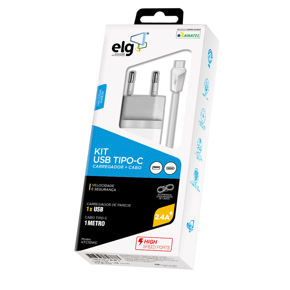Encontraproduto.com.br - Kit Carregador de Parede Tipo-C ELG KTC10WC Branco