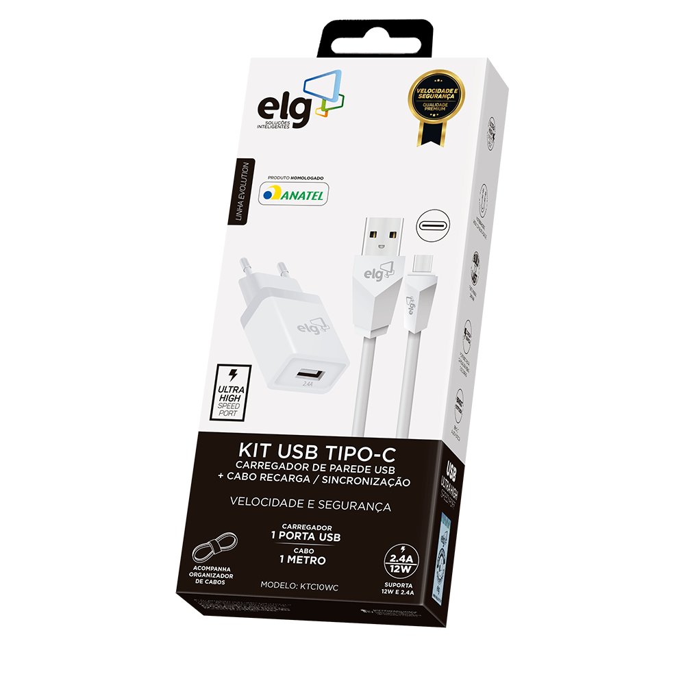 Encontraproduto.com.br - Kit Carregador de Parede Tipo-C ELG KTC10WC Branco