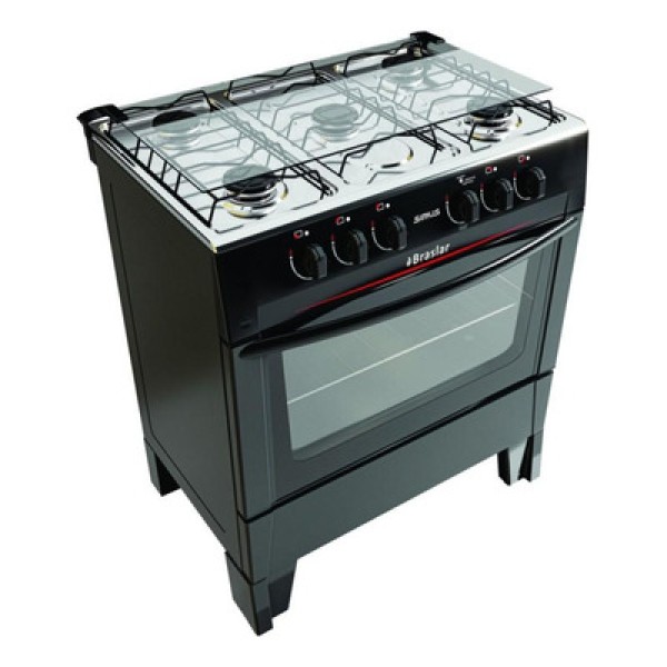 Encontraproduto.com.br - Fogão 5 Bocas a Gás Braslar Sirius Plus com Acendimento Automático e Forno 72,2L Preto Bivolt