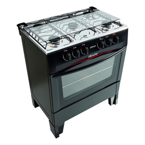 Encontraproduto.com.br - Fogão 5 Bocas a Gás Braslar Sirius Plus com Acendimento Automático e Forno 72,2L Preto Bivolt