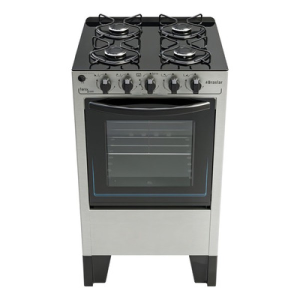 Fogão 4 Bocas a Gás Braslar Fenix Glass com Mesa de Vidro e Forno 46,3L Inox Bivolt