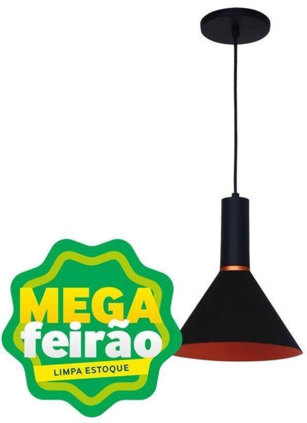 Pendente 1 Lâmpada Sobrepor Roma Cone Até 15W Alumínio Attena 3135 Pt/Cb Preto/Cobre Bivolt