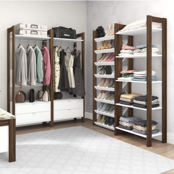 Encontraproduto.com.br - Estante Multiuso 2 Gavetas e Cabideiro Tecno Mobili Branco/Nogal