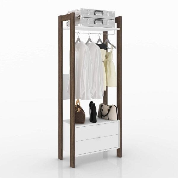 Encontraproduto.com.br - Estante Multiuso 2 Gavetas e Cabideiro Tecno Mobili Branco/Nogal