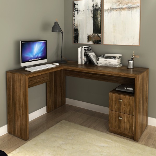 Encontraproduto.com.br - Mesa para Escritório 113x138,5cm em L com 2 Gavetas ME4129 Nogal