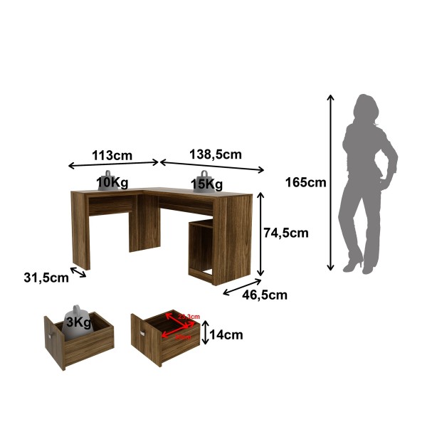 Encontraproduto.com.br - Mesa para Escritório 113x138,5cm em L com 2 Gavetas ME4129 Nogal