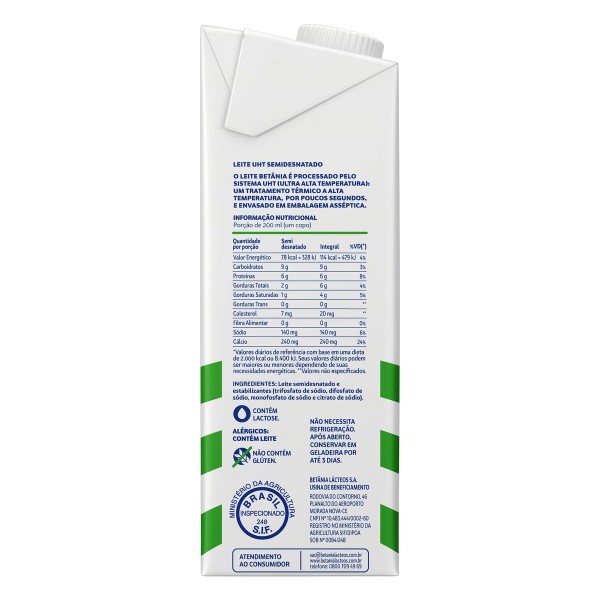 Encontraproduto.com.br - Leite UHT Semidesnatado Betânia Caixa com Tampa 1 L