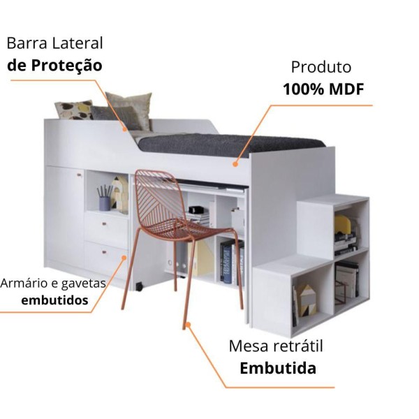 Encontraproduto.com.br - Cama Multifuncional Solteiro 100% Mdf 2 Gavetas 1 Porta 4 Nichos Escrivaninha Aila Cimol Branco