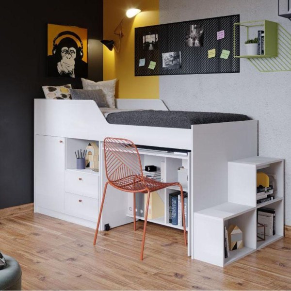 Encontraproduto.com.br - Cama Multifuncional Solteiro 100% Mdf 2 Gavetas 1 Porta 4 Nichos Escrivaninha Aila Cimol Branco