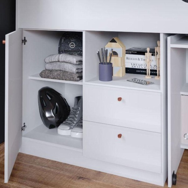 Encontraproduto.com.br - Cama Multifuncional Solteiro 100% Mdf 2 Gavetas 1 Porta 4 Nichos Escrivaninha Aila Cimol Branco