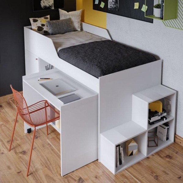 Encontraproduto.com.br - Cama Multifuncional Solteiro 100% Mdf 2 Gavetas 1 Porta 4 Nichos Escrivaninha Aila Cimol Branco