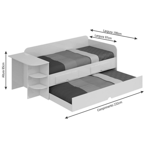 Encontraproduto.com.br - Sofá Cama Solteiro Helena C/ 2 Gavetas E Auxiliar Branco - Cimol