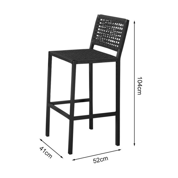 Encontraproduto.com.br - Kit 2 Banquetas Alta Em Corda Náutica Preta E Alumínio Preto Agnes Ideal Para Área Externa - Preto