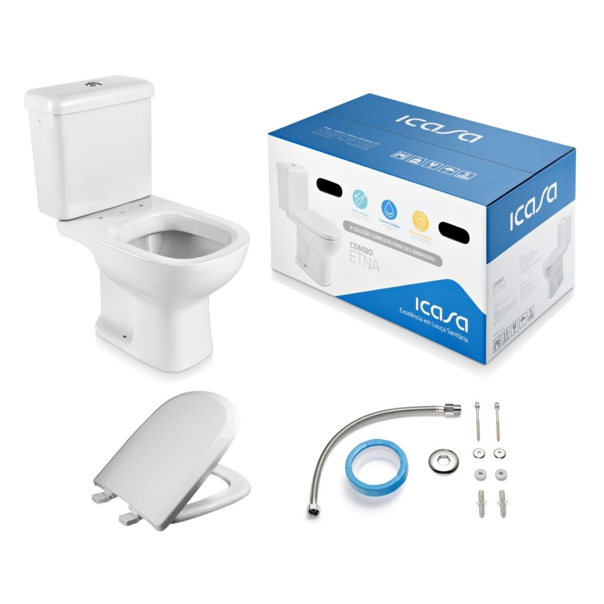 Encontraproduto.com.br - Kit Completo Vaso Sanitário Com Caixa Acoplada e Assento Branco Etna Icasa