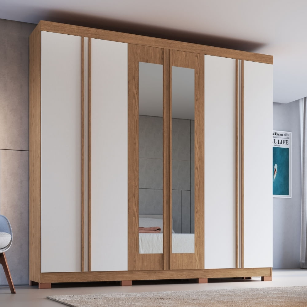 Guarda Roupa Casal com Espelho e Pés 6 Portas 100% MDF Eros Móveis Castro