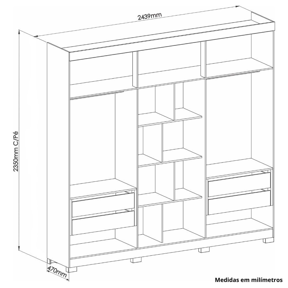 Encontraproduto.com.br - Guarda Roupa Casal com Espelho e Pés 6 Portas 100% MDF Eros Móveis Castro