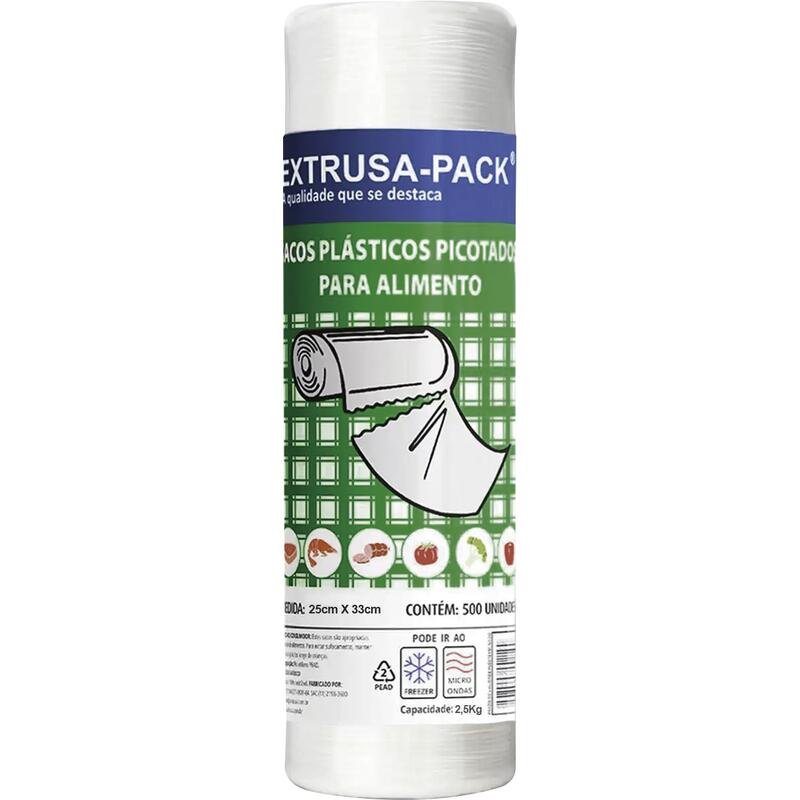 Encontraproduto.com.br - Saco Plástico Extrusa-Pack Picotado 25x33cm Rolo com 500 unidades