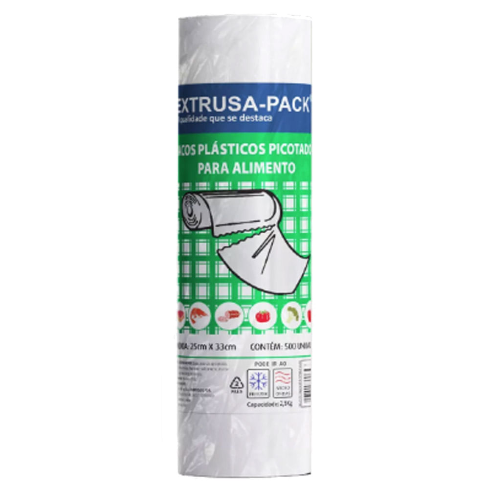 Encontraproduto.com.br - Saco Plástico Extrusa-Pack Picotado 25x33cm Rolo com 500 unidades