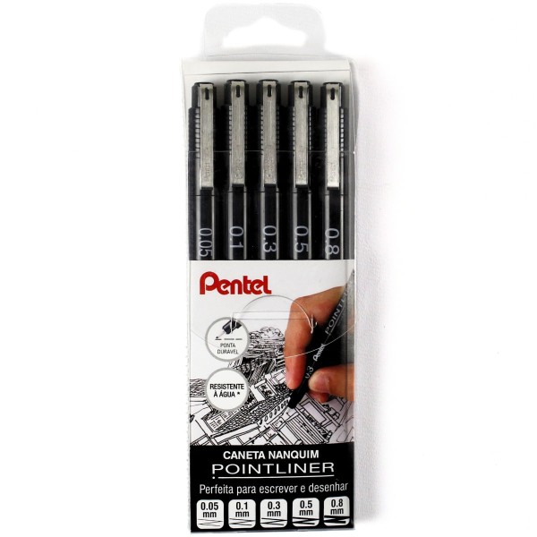 Encontraproduto.com.br - Kit de Caneta Nankin Pontliner Pentel 5 Pontas - Kitpointliner