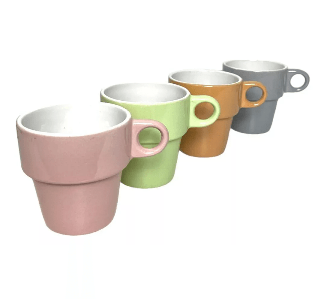 Encontraproduto.com.br - Jogo Xícara Colorida Café Porcelana 210ml C/ Suporte Inox Fratelli