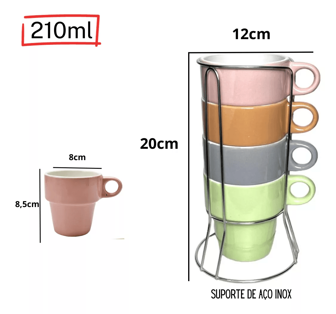 Encontraproduto.com.br - Jogo Xícara Colorida Café Porcelana 210ml C/ Suporte Inox Fratelli