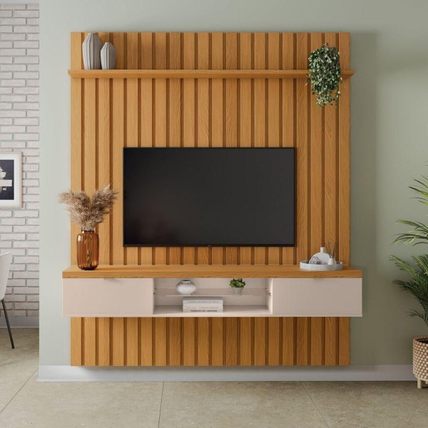 Encontraproduto.com.br - Painel Ripado Suspenso Tv Até 70 2 Portas You 1.8 Cinamomo / Off White - Hb Móveis