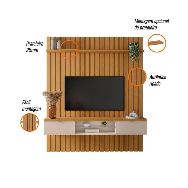Encontraproduto.com.br - Painel Ripado Suspenso Tv Até 70 2 Portas You 1.8 Cinamomo / Off White - Hb Móveis