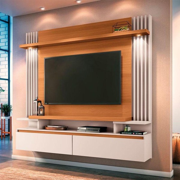 Encontraproduto.com.br - Painel Suspenso Para Tv Até 55 Ripado Com Led Clovis 2 Portas Com Nicho Cinamomo-off White