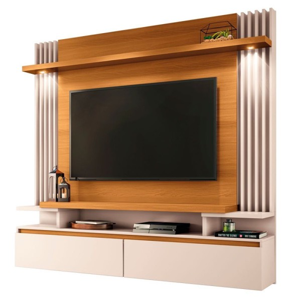 Encontraproduto.com.br - Painel Suspenso Para Tv Até 55 Ripado Com Led Clovis 2 Portas Com Nicho Cinamomo-off White