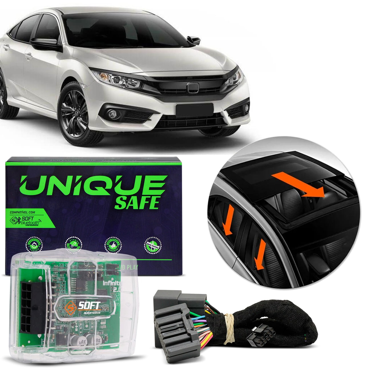 Módulo de Fechamento Vidro Elétrico e Teto Solar Civic G10 2017 a 2020 Plug And Play Soft Infinity