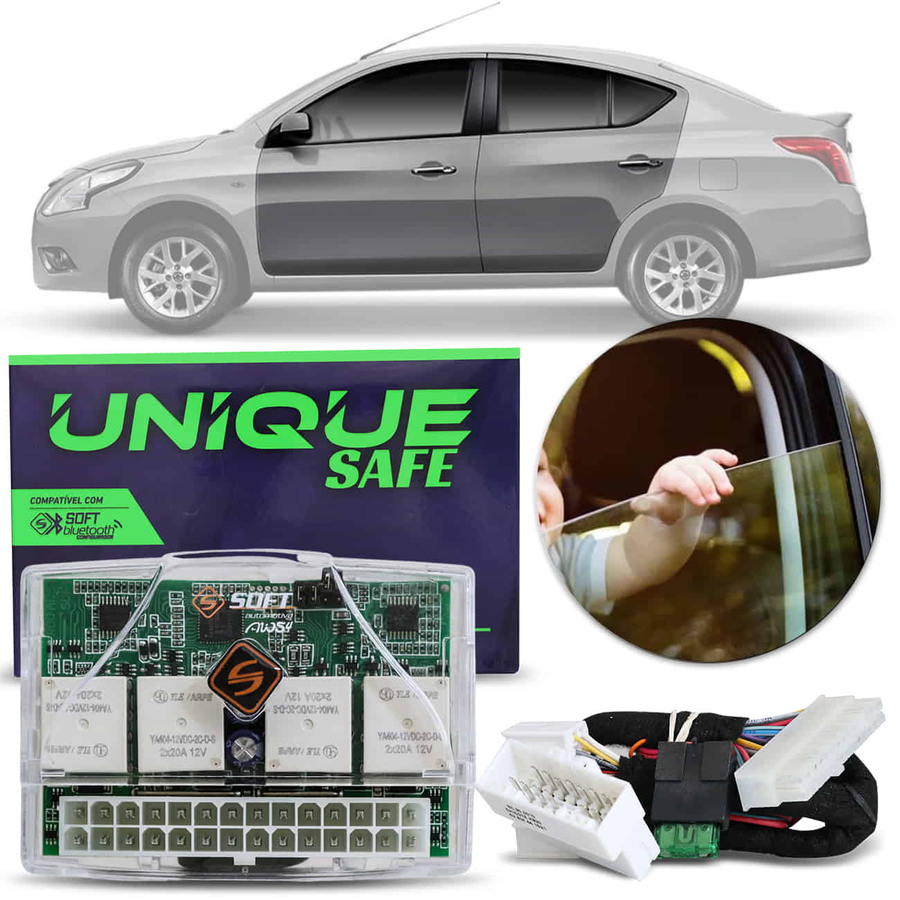 Módulo de Vidro Elétrico Unique Safe Soft AW 54 Nissan Versa March 4 Portas Antiesmagamento