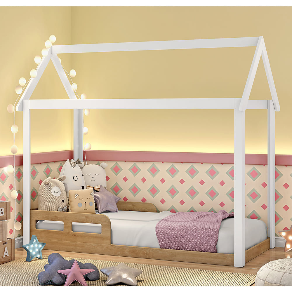 Cama Casinha Montessoriano Infantil Branco Fosco Com Bétula